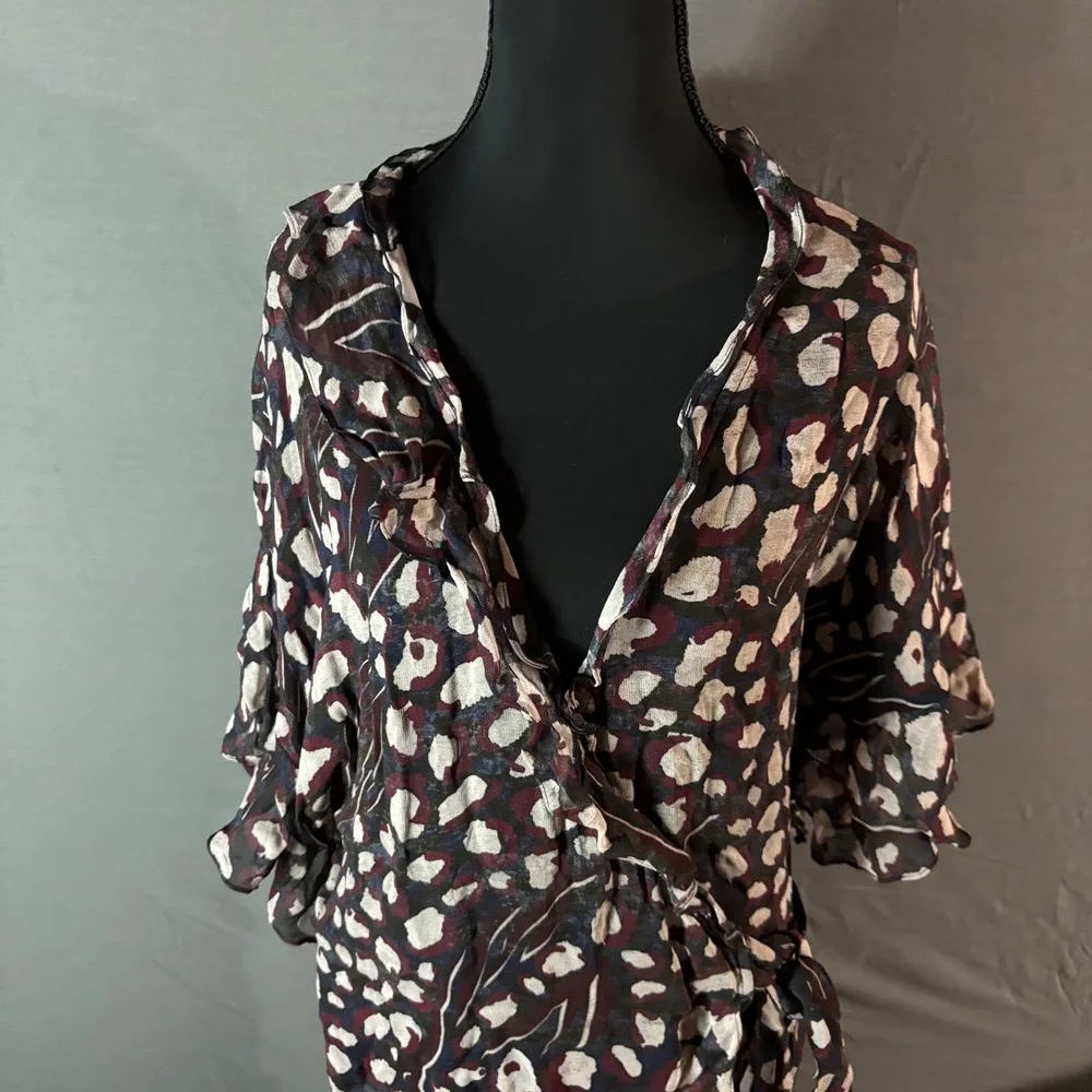 IRO Animal Print Silk Wrap Midi Dress Ruffle Sleeve‎ Tie Waist 36